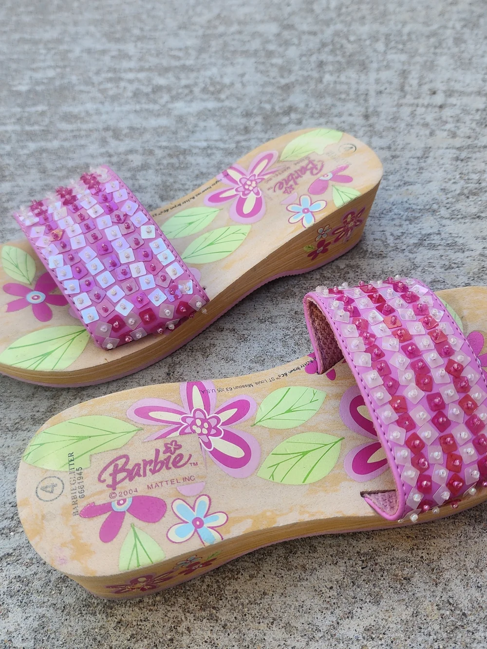 Rare Barbie Y2K Vintage Pink Floral Sequin Slide Sandals, Girls/Youth Sz 4